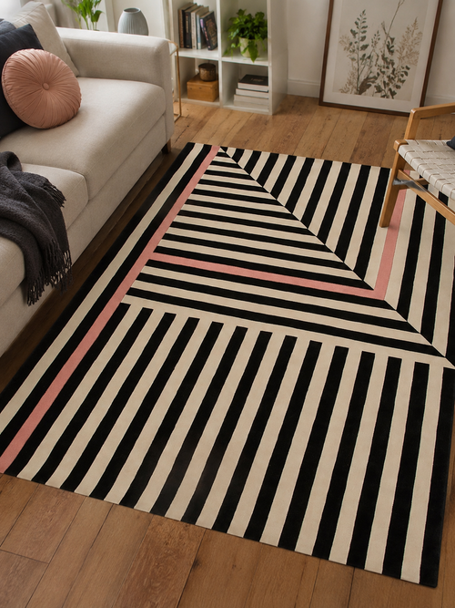 Hand Tufted Geometric Rug | Black, Ivory & Blush Pink | Wool | Cresynk by Rugfine-0