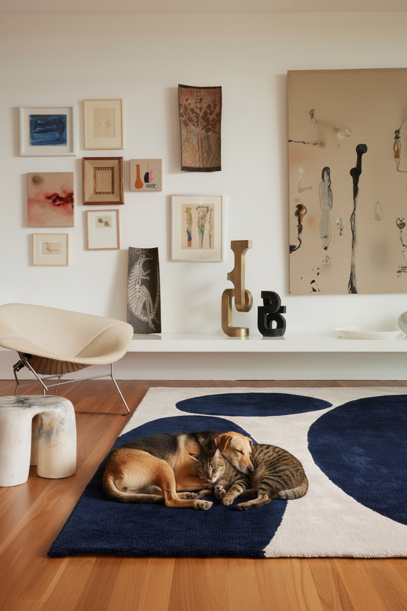 Dog and cat napping on ivory navy rug low angle shot