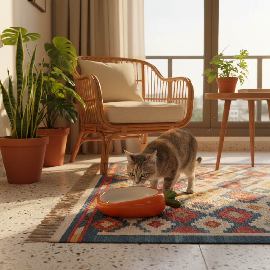 Mumbai apartment stray cat orange carrot bowl