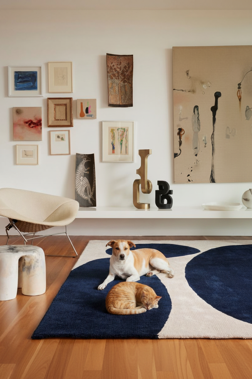 Stray dog and cat on ivory navy rug in art gallery living room