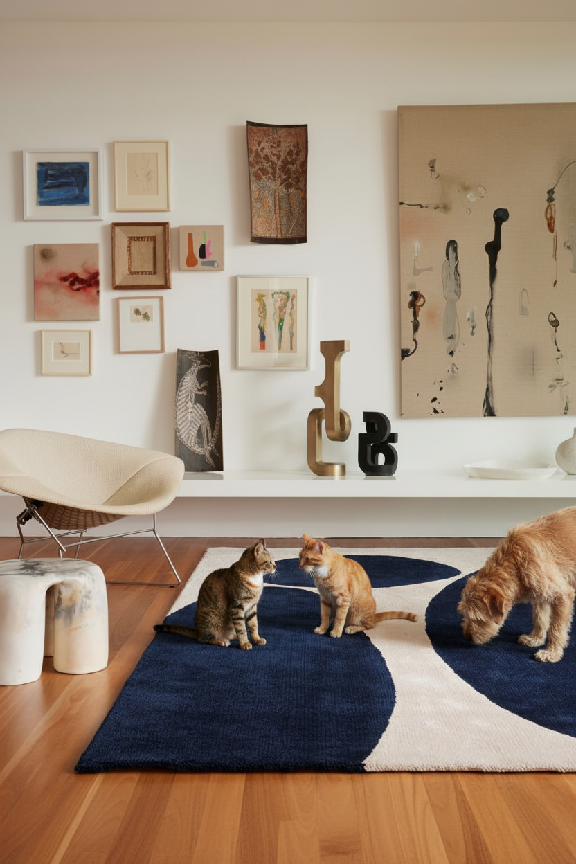 Two cats and a stray dog on ivory navy rug